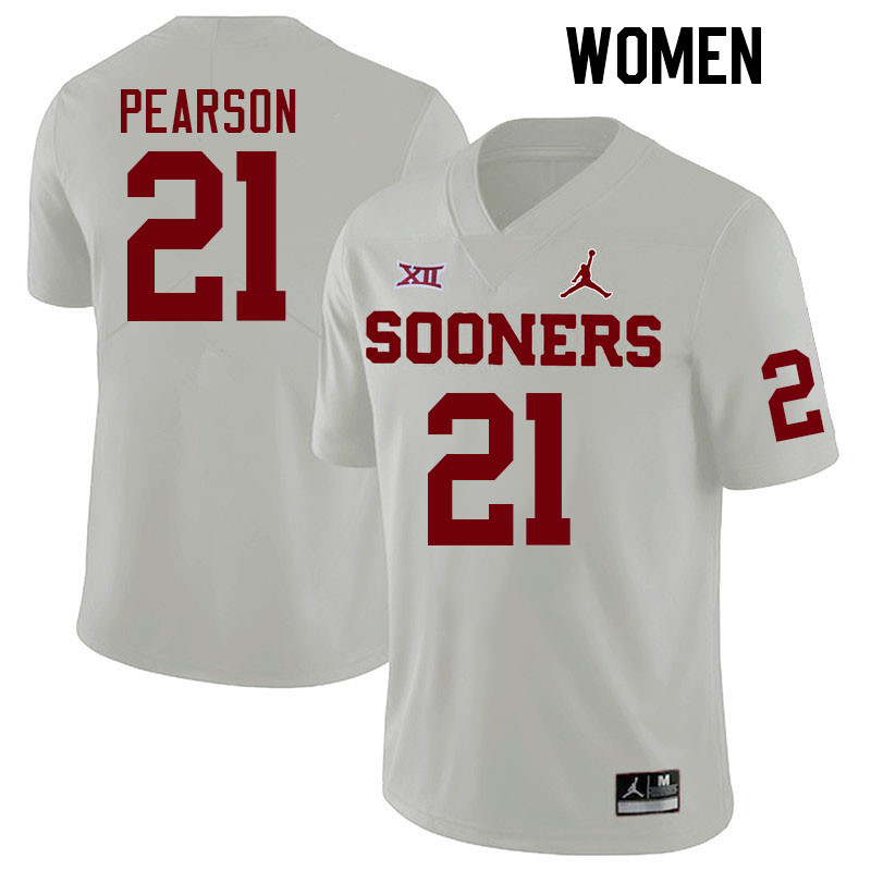 Women #21 Reggie Pearson Oklahoma Sooners College Football Jerseys Stitched-White - Click Image to Close